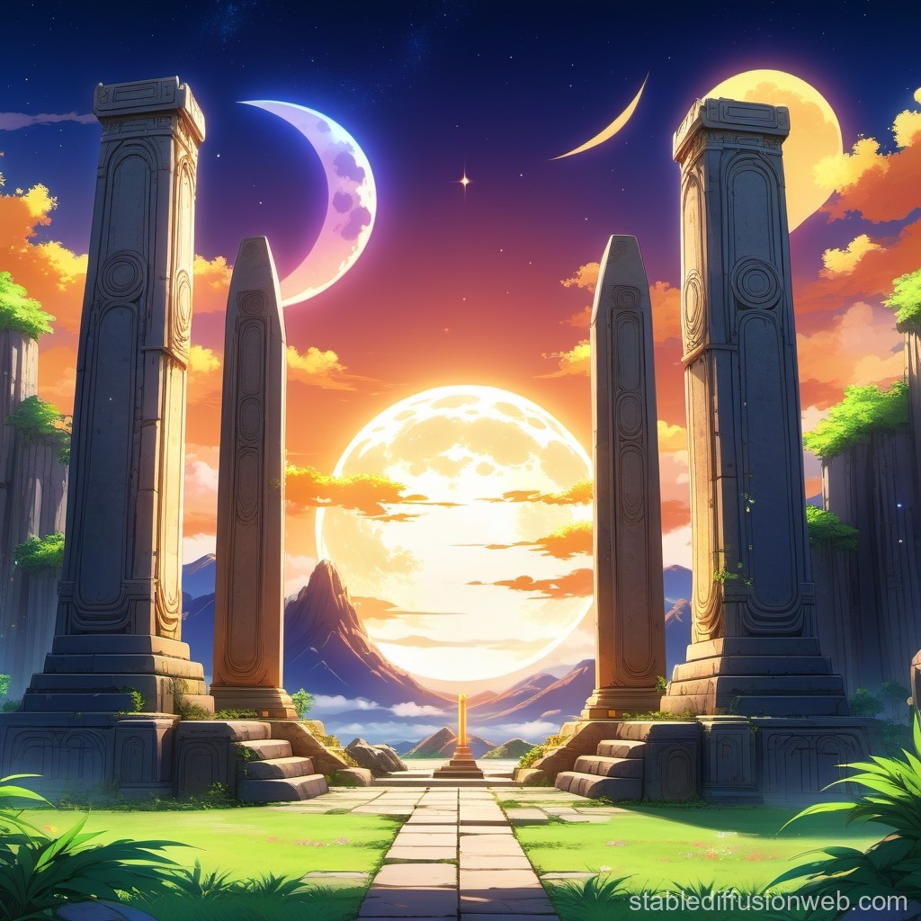 Ancient Pillars Under a Surreal Triple Moon Sunset