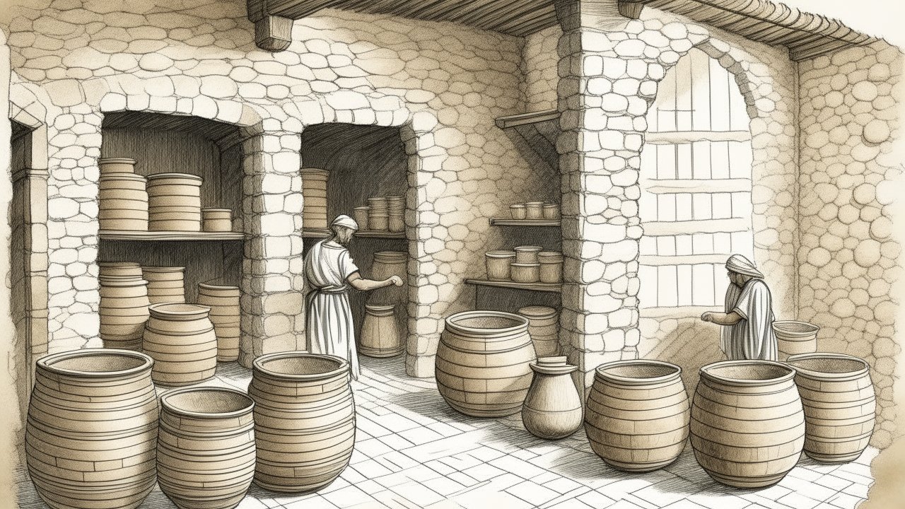 Ancient Pottery Storage Room with Workers