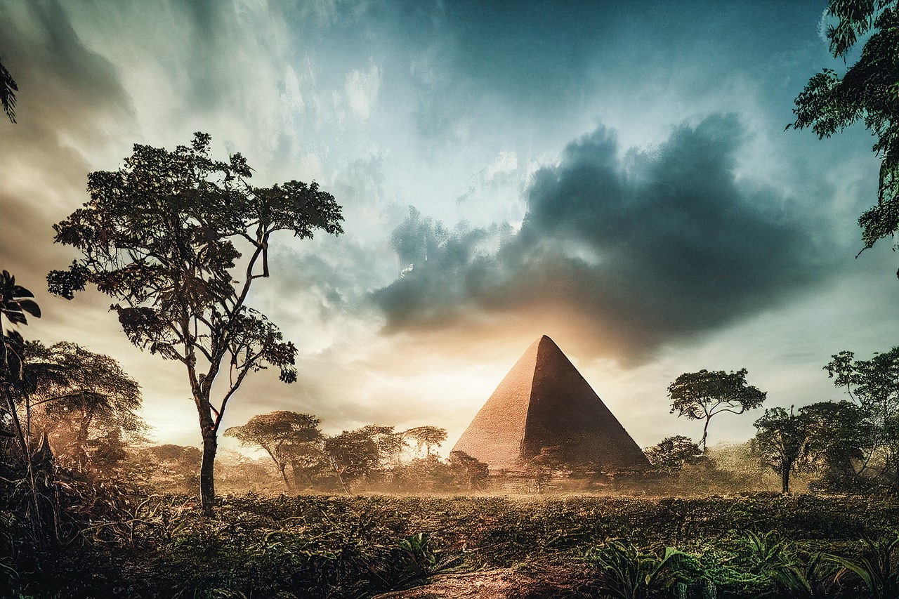 Ancient Pyramid Emerging from Lush Jungle at Sunset