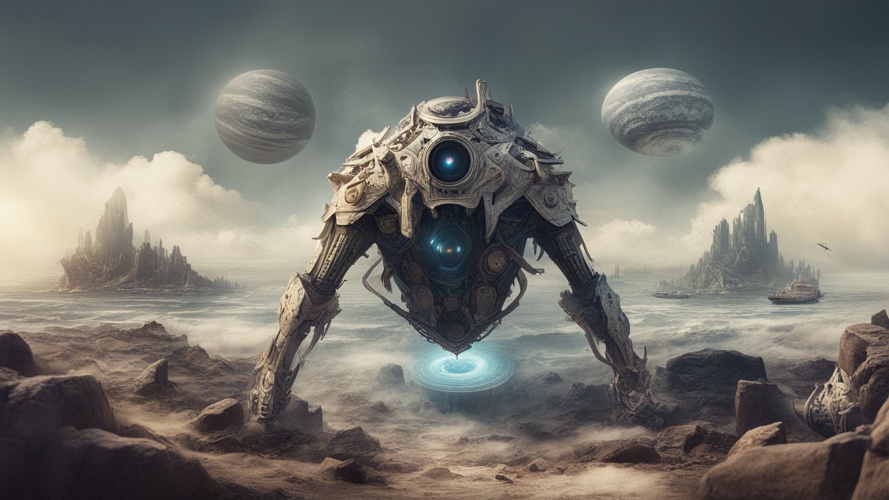 Ancient Robotic Sentinel on an Alien Shore