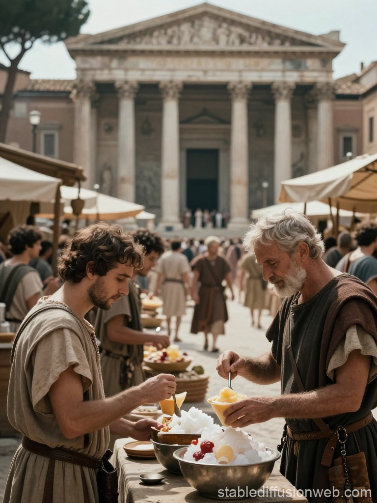 Ancient Roman Marketplace with People Sampling Food