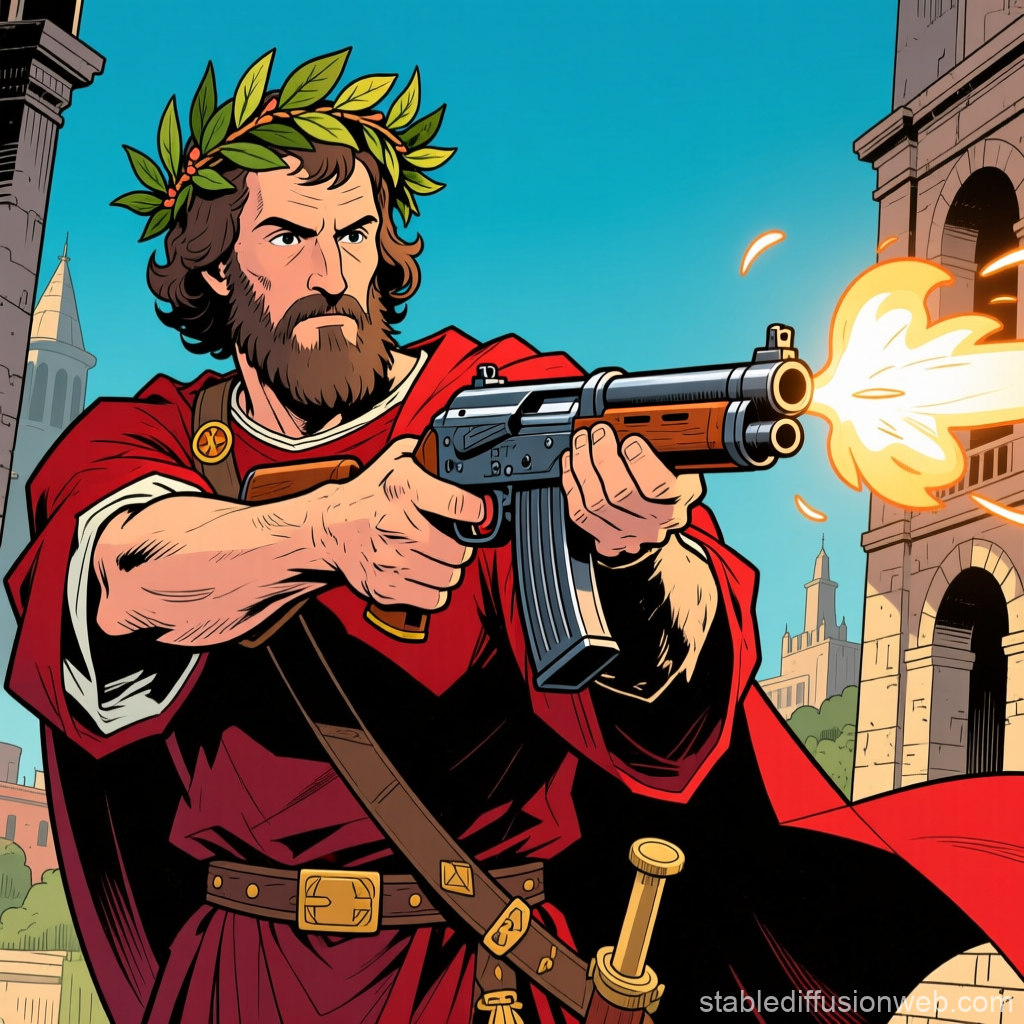 Ancient Roman Warrior Firing Modern Assault Rifle
