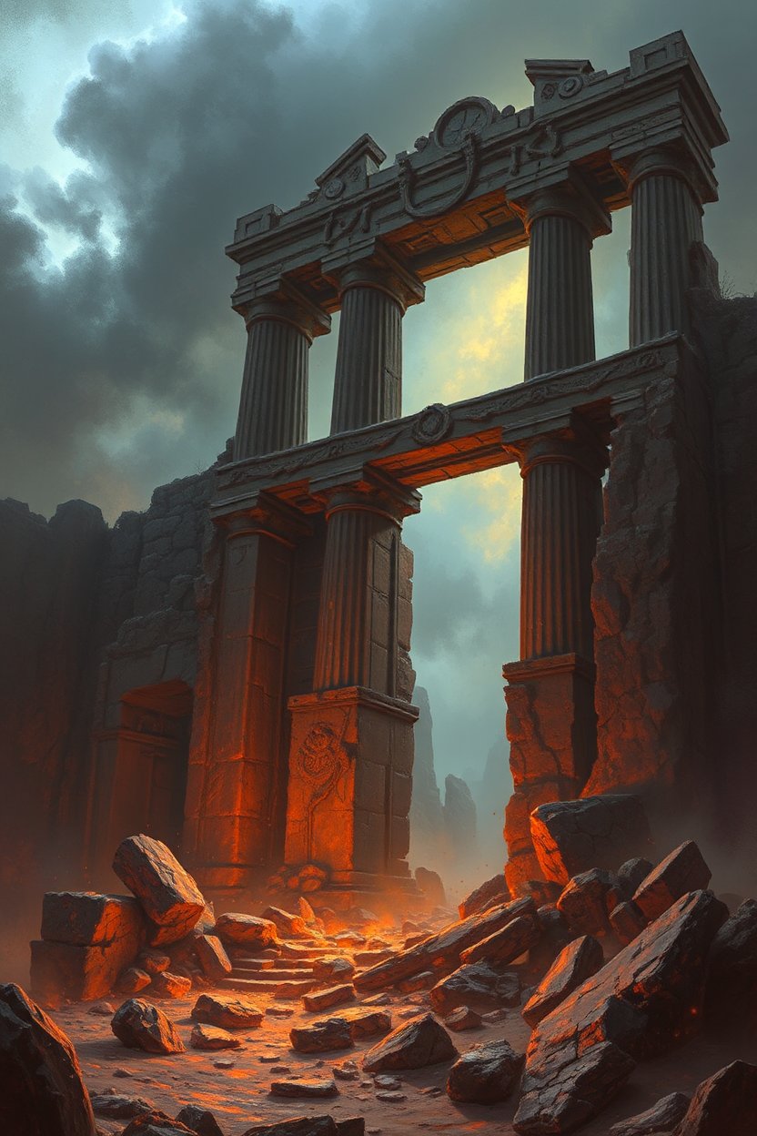 Ancient Ruins Illuminated by Fiery Glow