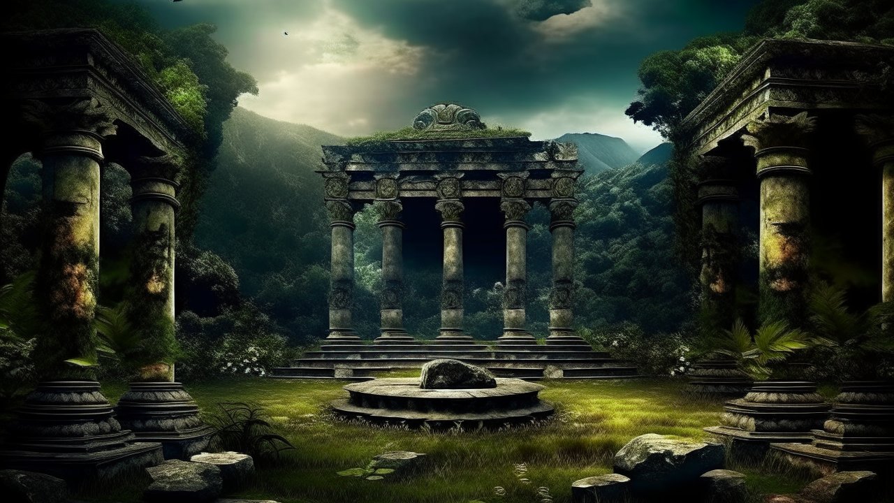 Ancient Ruins in a Mystical Forest Clearing