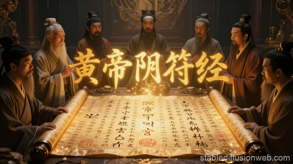 Ancient Scholars Studying a Sacred Scroll