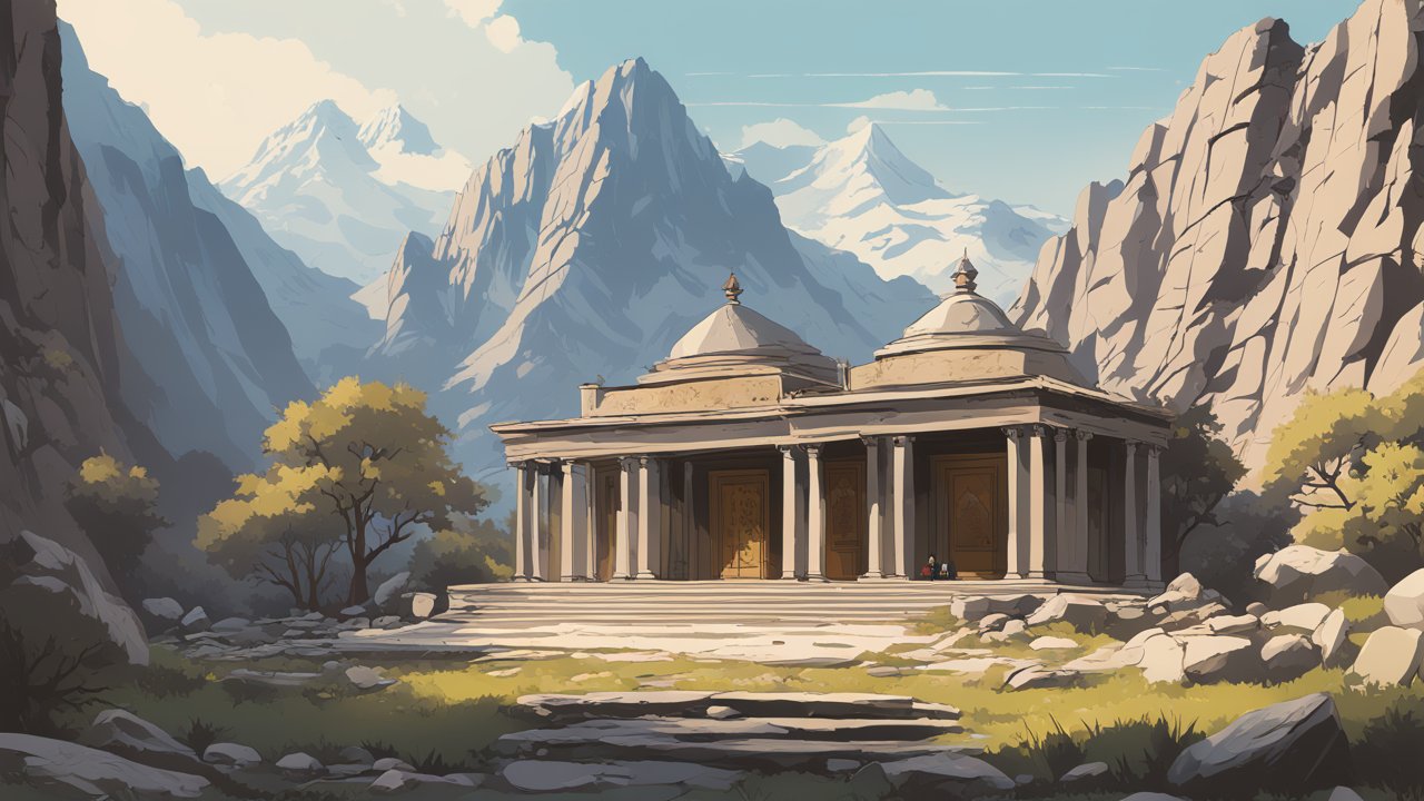 Ancient Shrine Nestled in Majestic Mountain Landscape