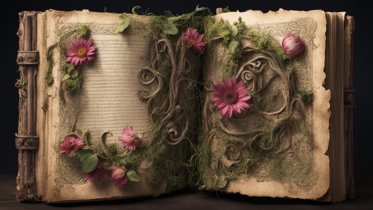 Ancient Spellbook with Floral and Moss Embellishments