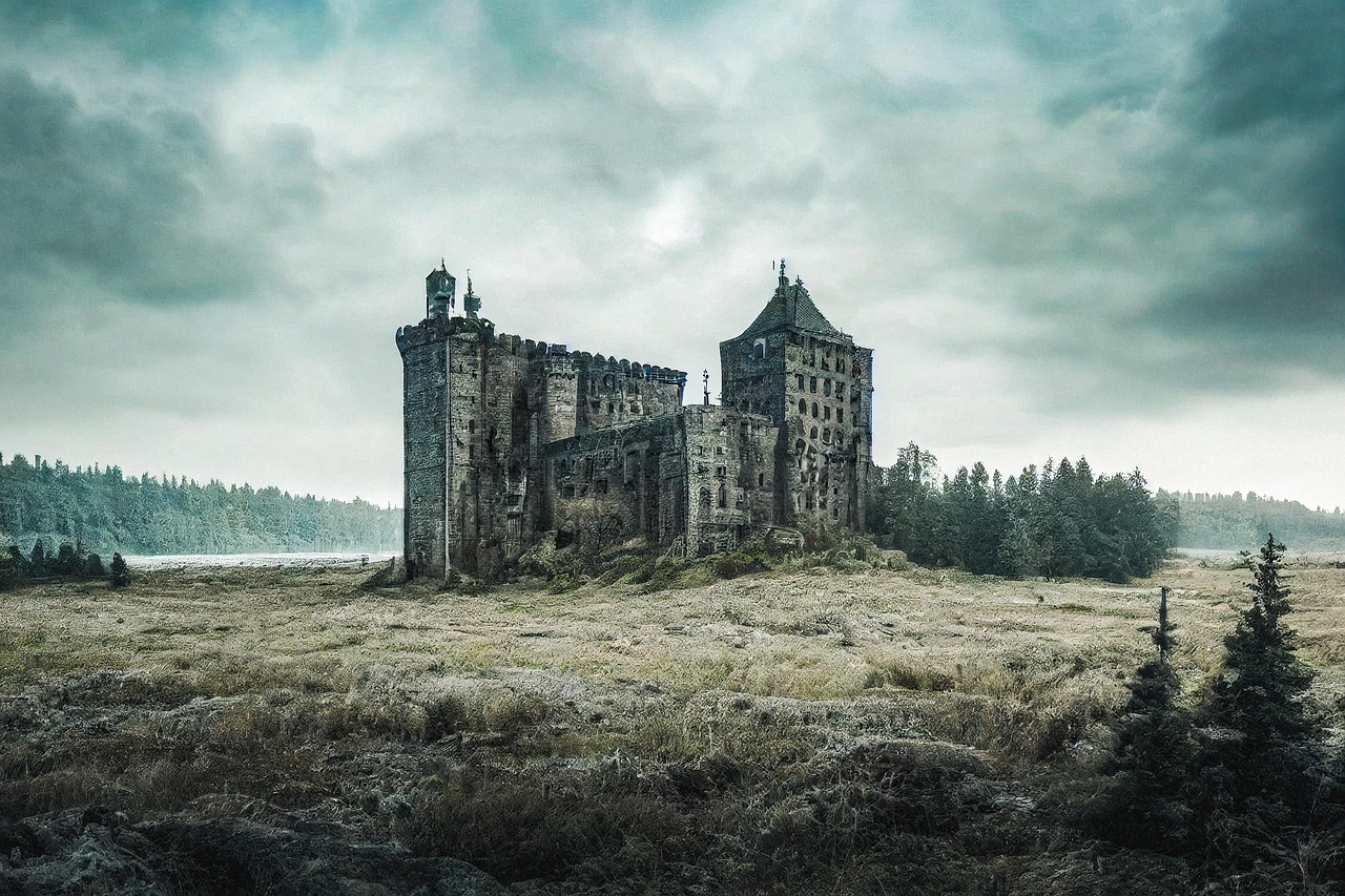Ancient Stone Castle in Misty Landscape