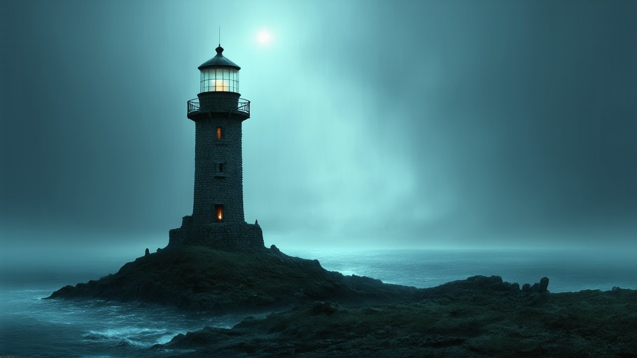 Ancient Stone Lighthouse on Rocky Shore at Night