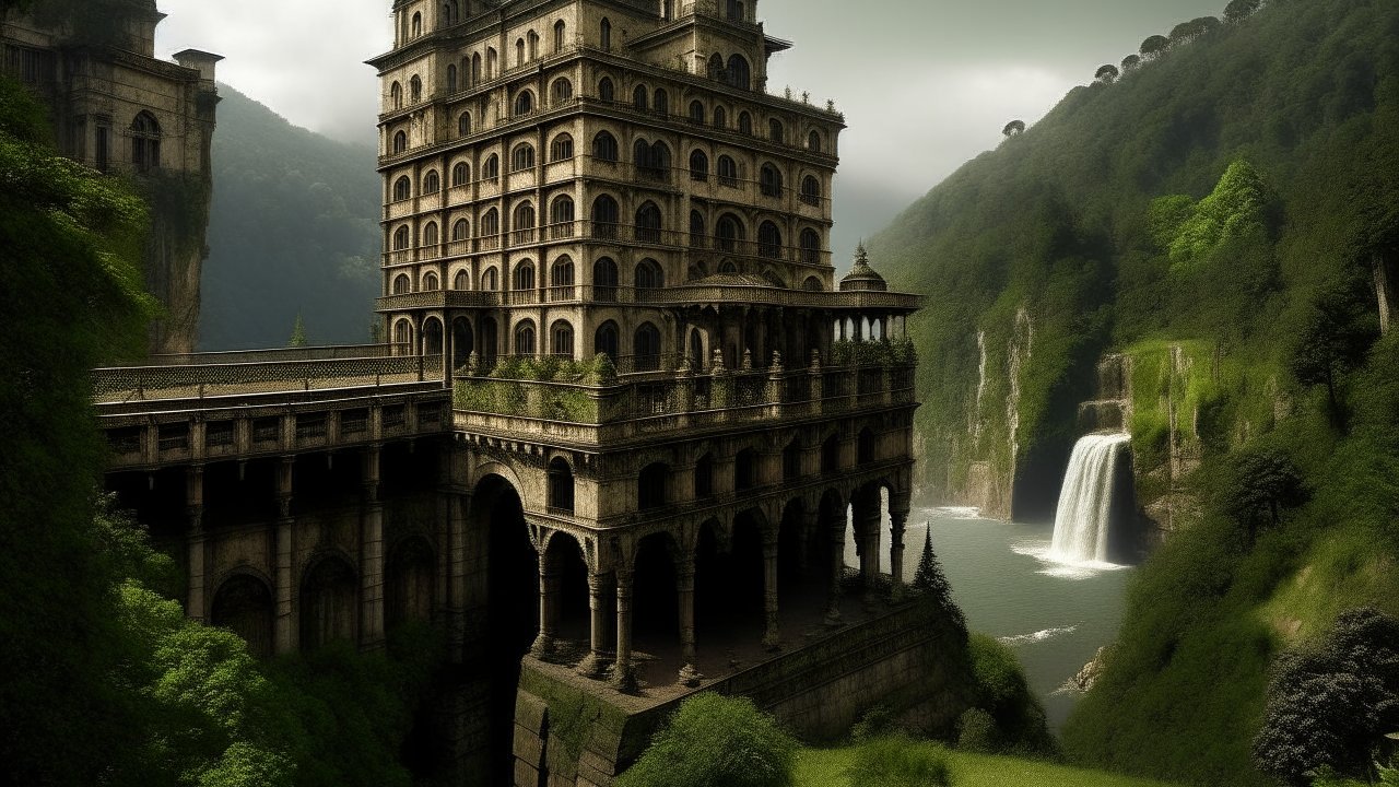 Ancient Stone Palace Overlooking a Waterfall in Lush Valley