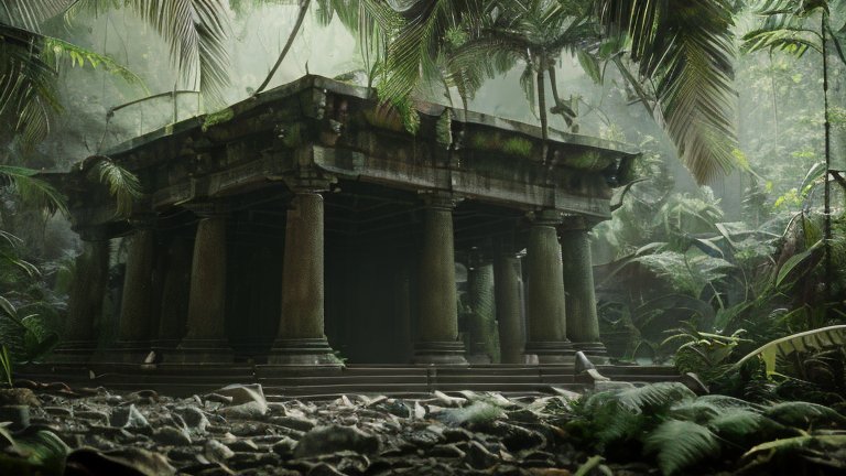 Ancient Stone Temple Ruins in Dense Jungle