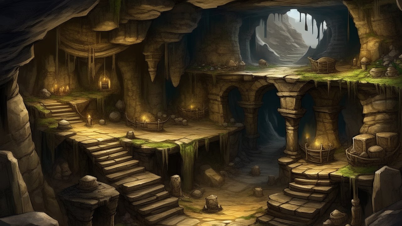 Ancient Stony Cavern with Arched Ruins and Dim Lighting