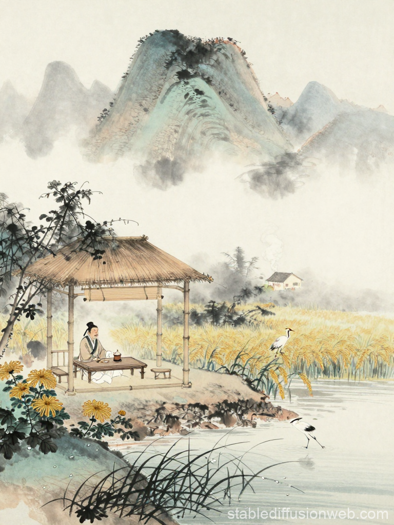 Ancient Tea Master in Serene Mountain Landscape