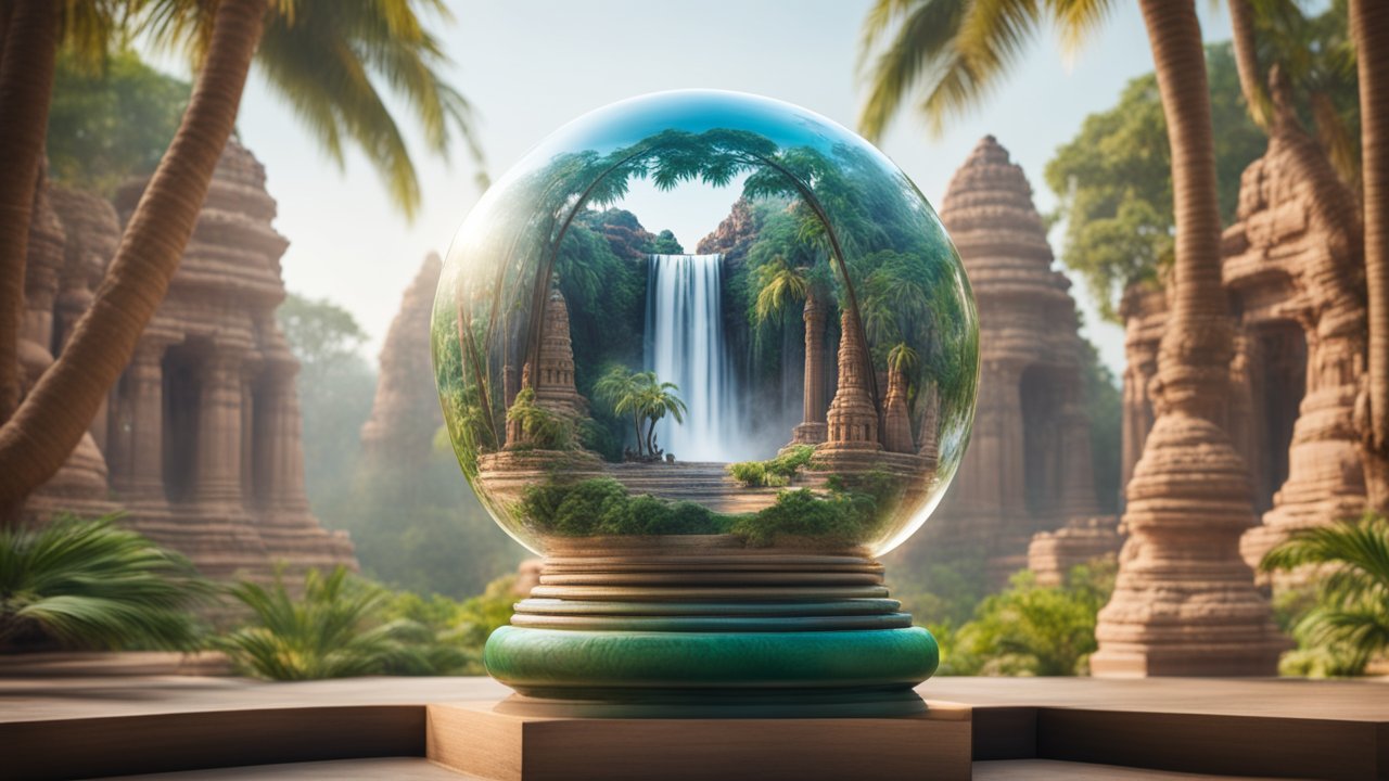 Ancient Temple and Waterfall Encased in Glass Globe