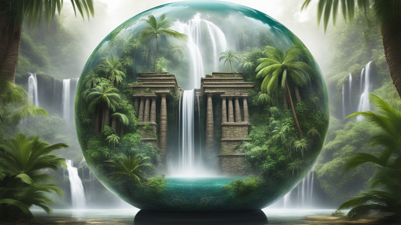 Ancient Temple and Waterfalls Encased in a Glass Globe