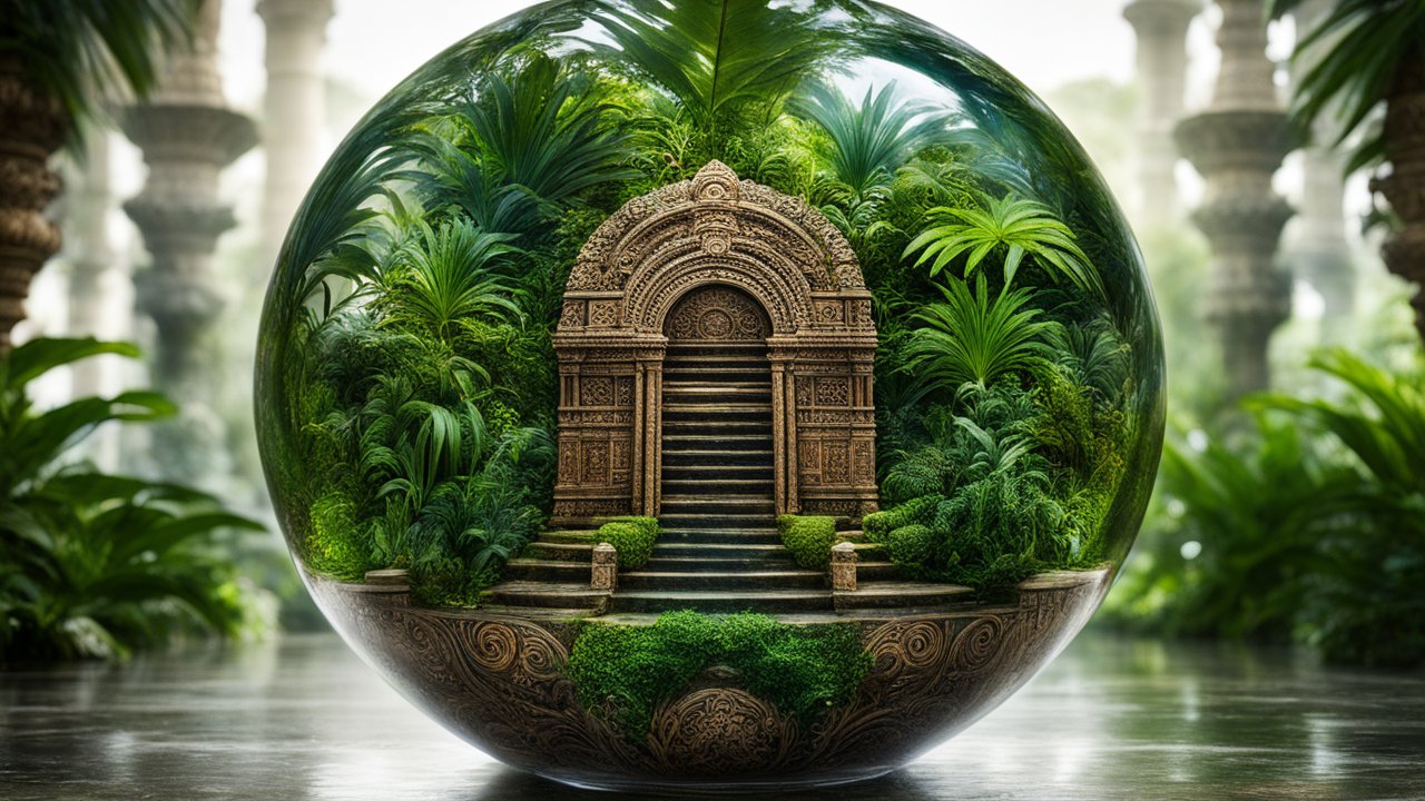 Ancient Temple Encased in a Glass Sphere Amidst Lush Jungle