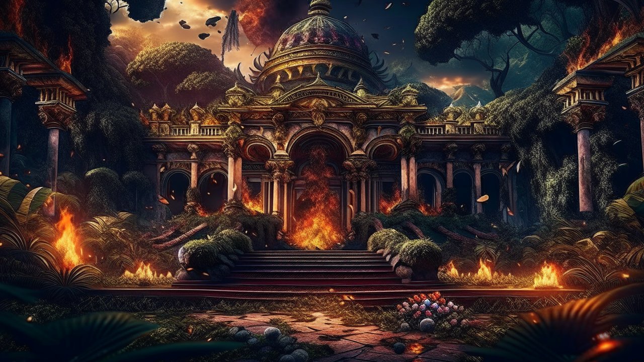 Ancient Temple Engulfed in Fiery Overgrowth