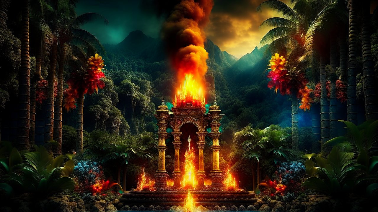 Ancient Temple Engulfed in Flames in a Lush Jungle