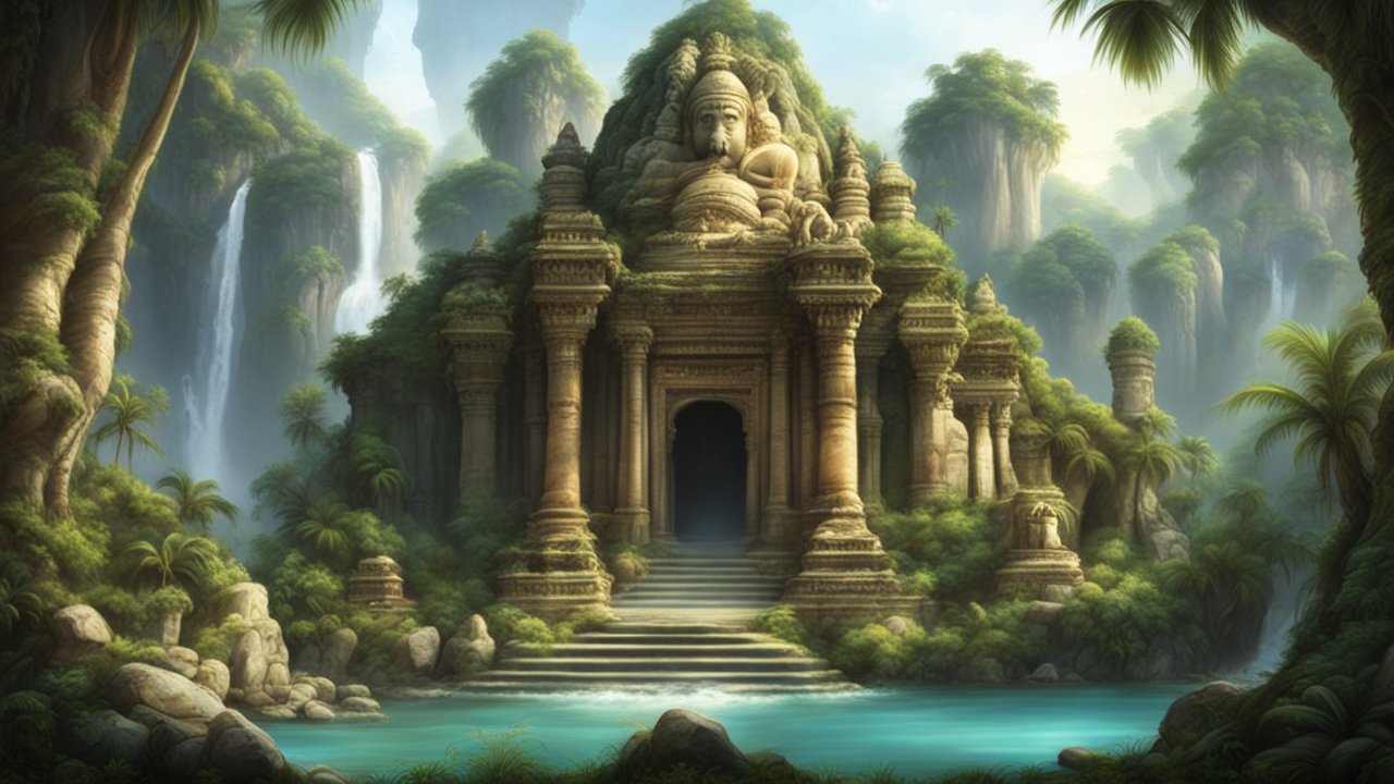 Ancient Temple Ruins in Lush Jungle with Waterfalls