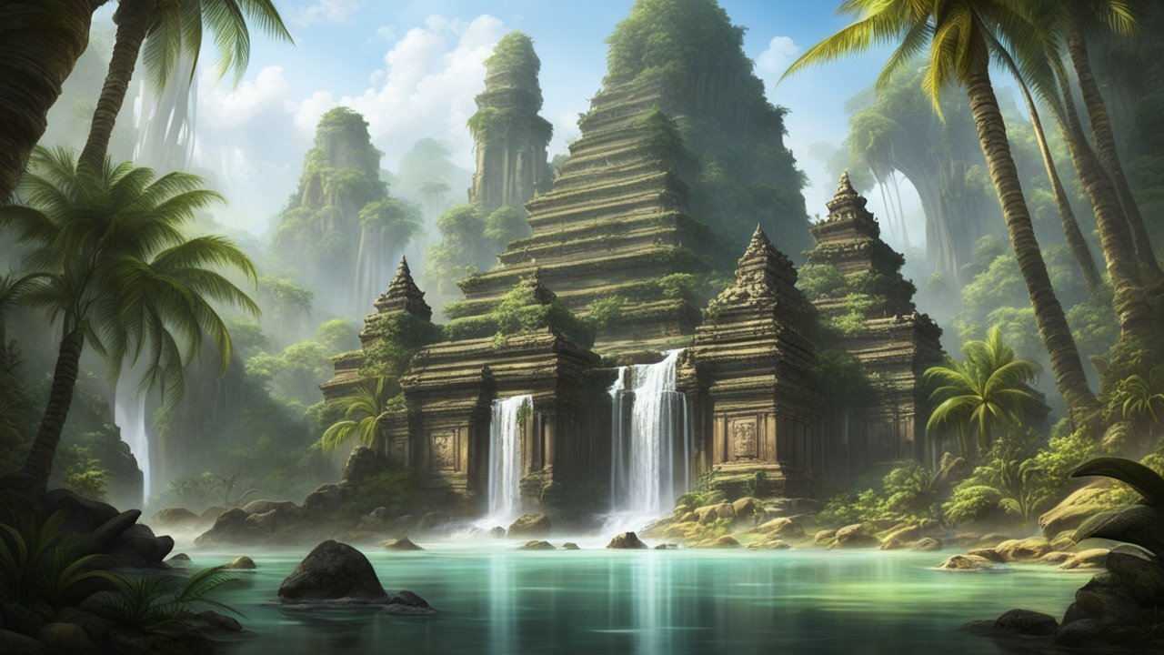 Ancient Temple Ruins with Waterfalls in Lush Jungle