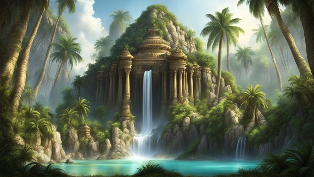 Ancient Temple Waterfall in Lush Tropical Jungle