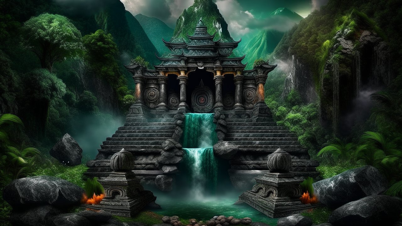 Ancient Temple with Waterfall in Mystical Jungle