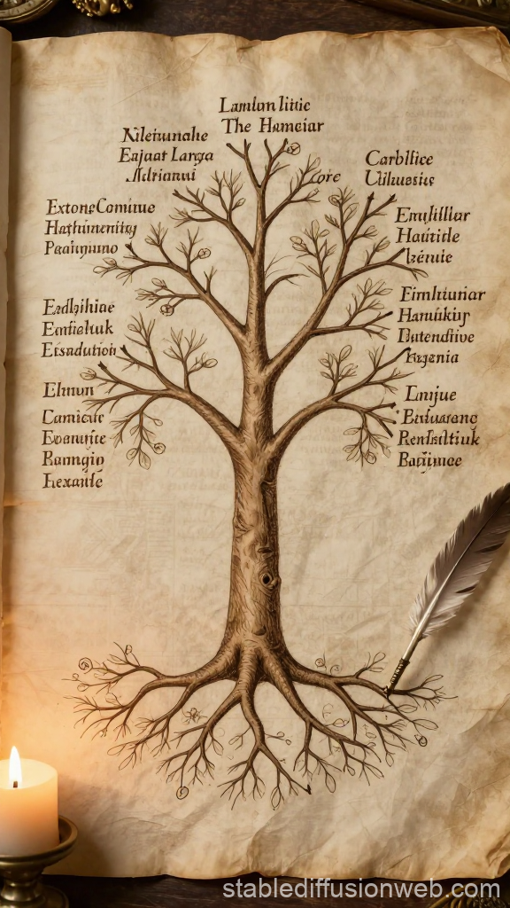 Ancient Tree of Language Illustration on Aged Parchment