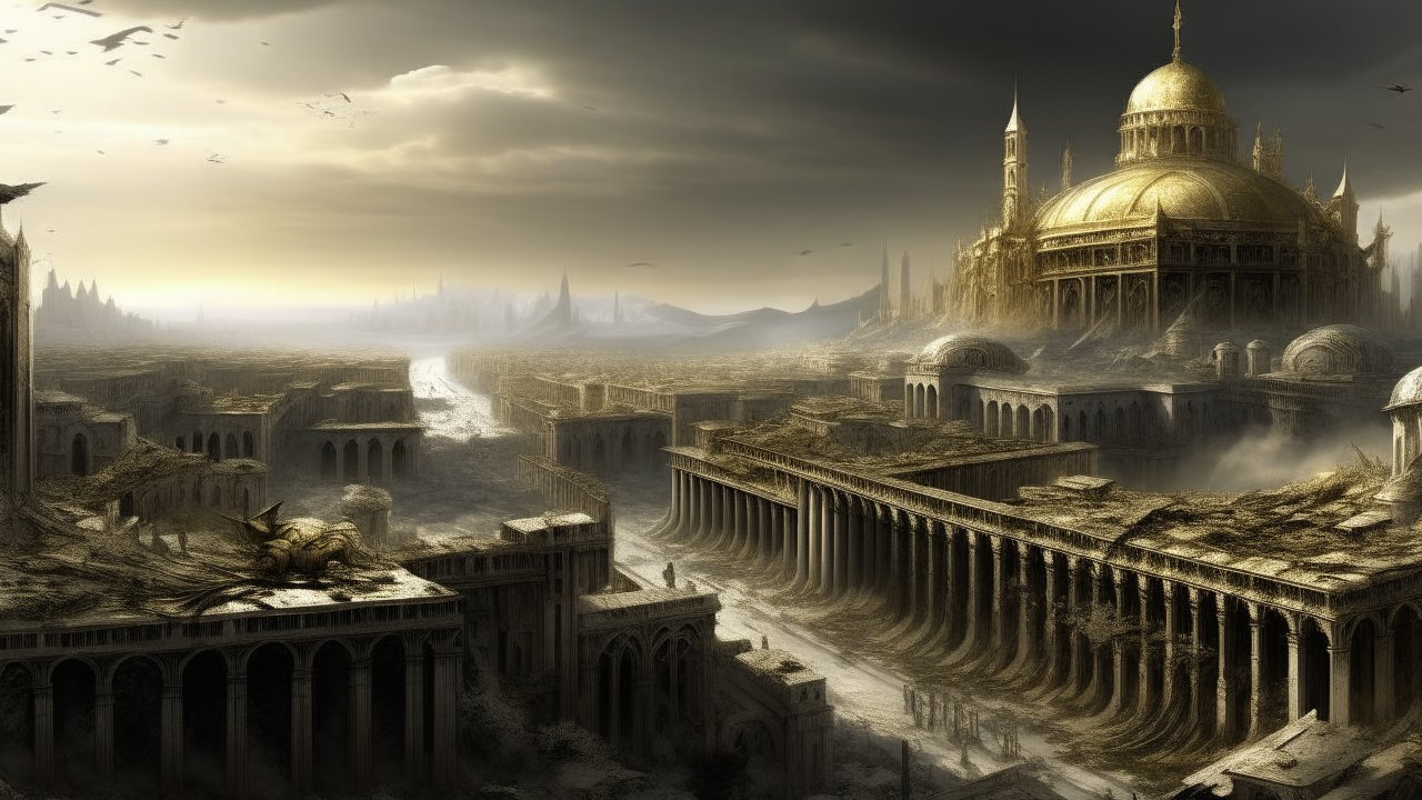 Ancient Utopian City with Grand Golden Dome