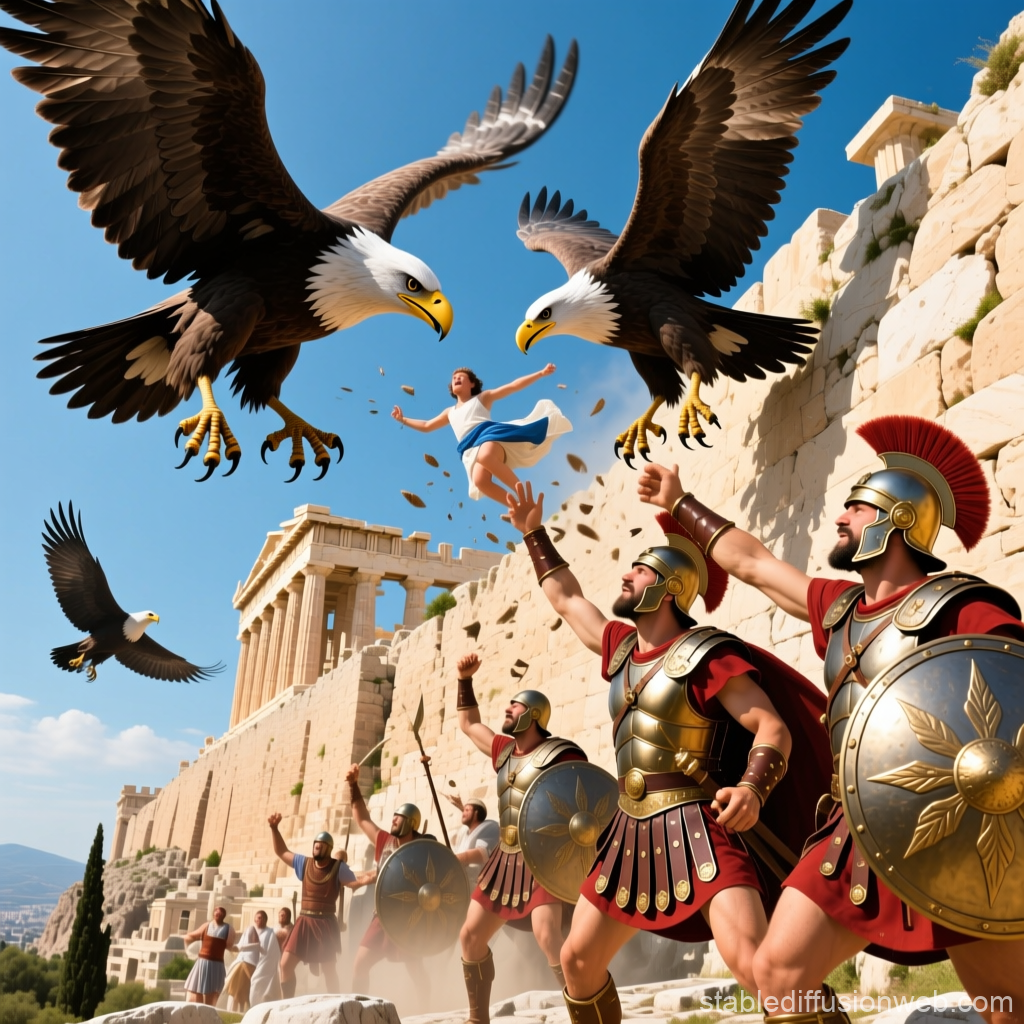 Ancient Warriors Defending Acropolis from Giant Eagles
