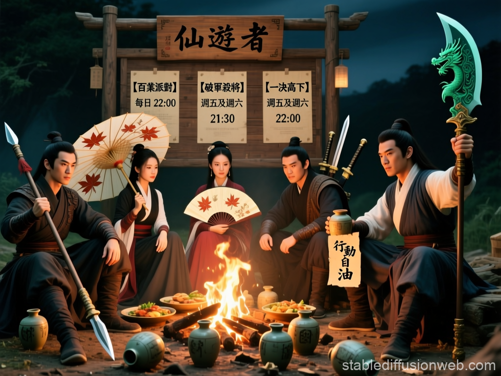 Ancient Warriors Gathering Around Campfire at Night