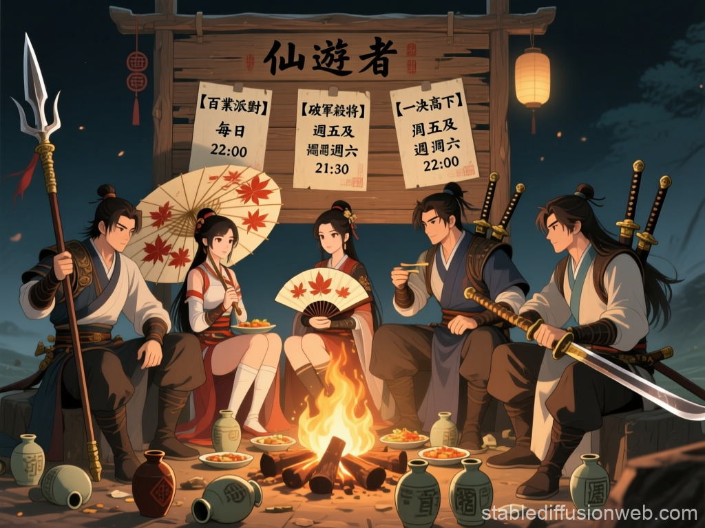 Ancient Warriors Gathering Around Campfire in Anime Style
