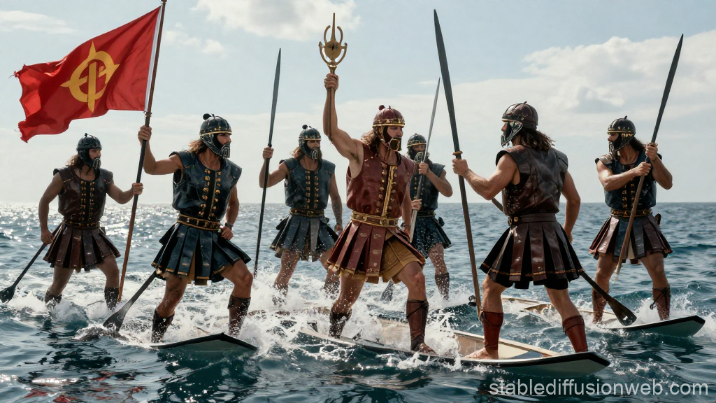 Ancient Warriors on Waterboards in Battle Formation