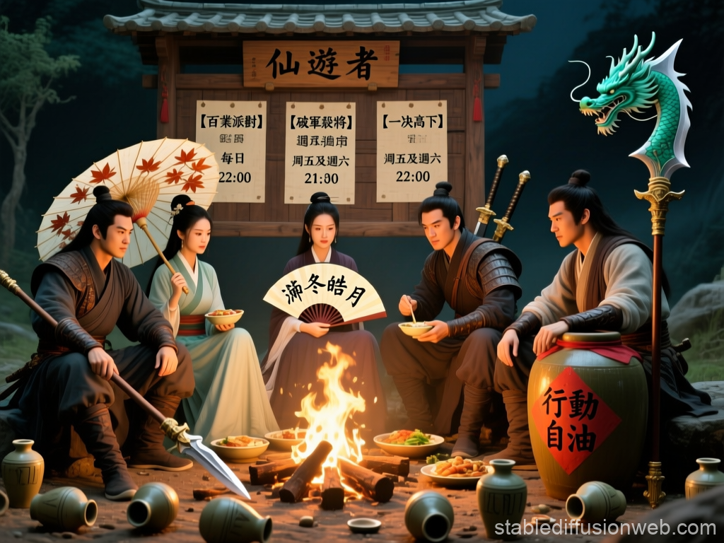 Ancient Warriors Sharing a Meal Around a Campfire