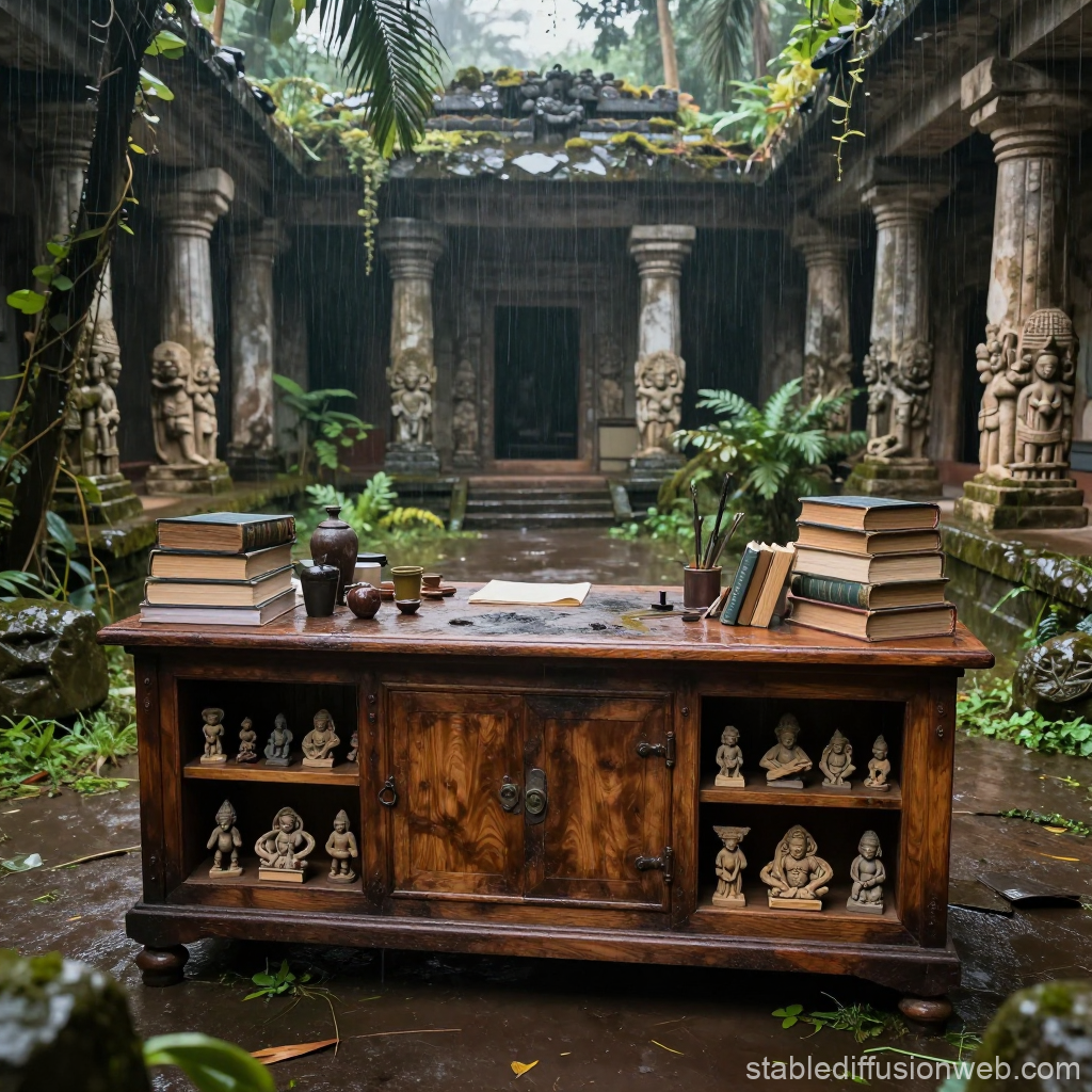 Ancient Wooden Desk with Books and Sculptures in Rainy Ruined Temple