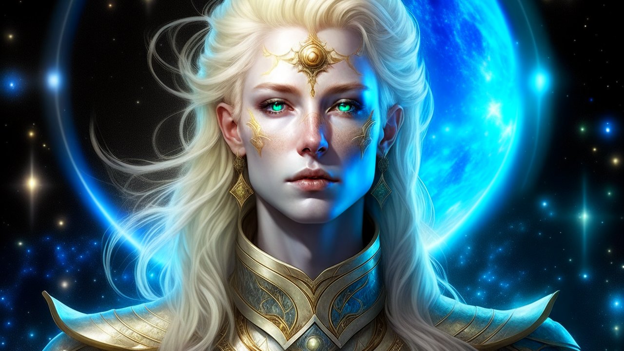 Androgynous Cosmic Warrior with Radiant Blue Planet