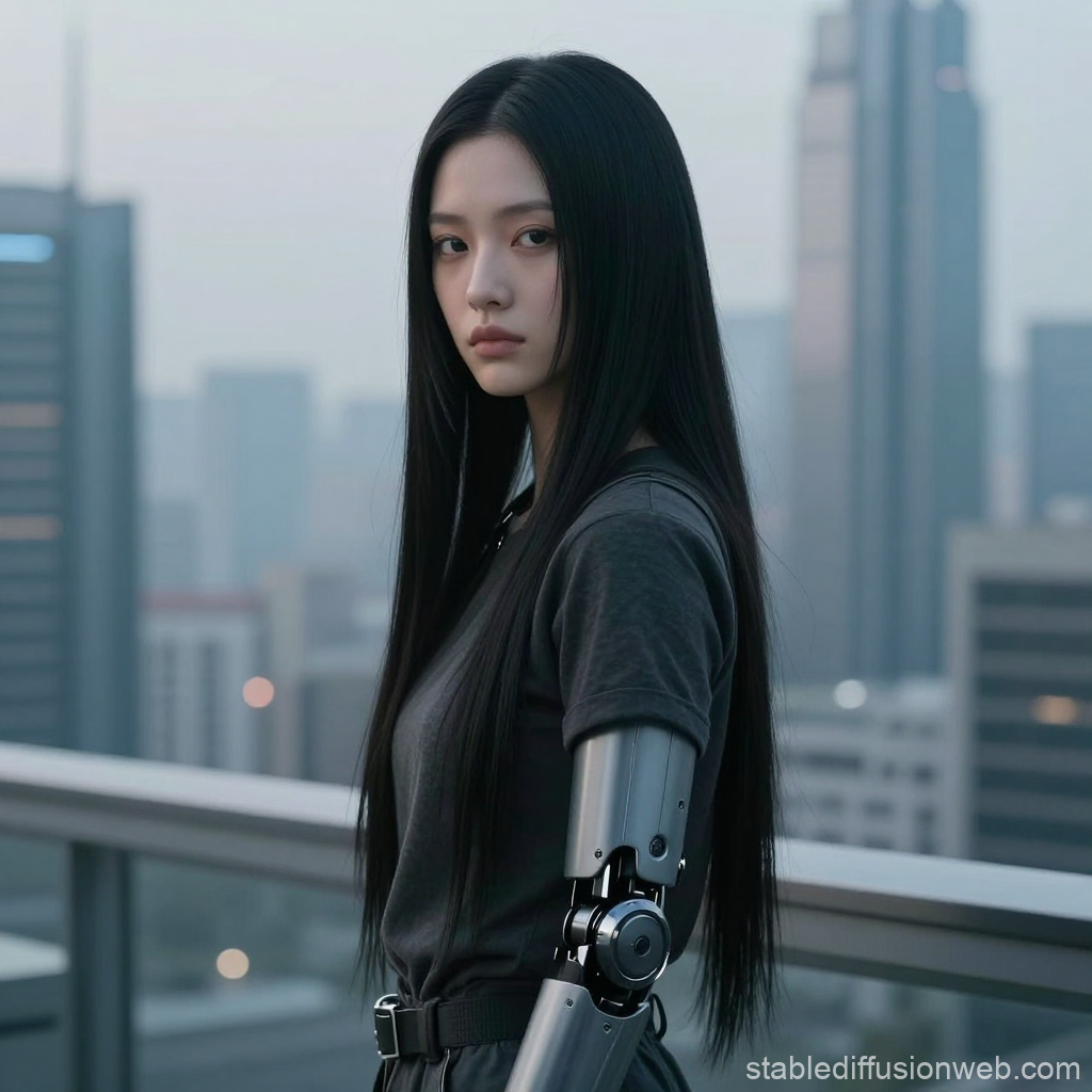 Androgynous Figure with Futuristic Robotic Arm in Urban Setting