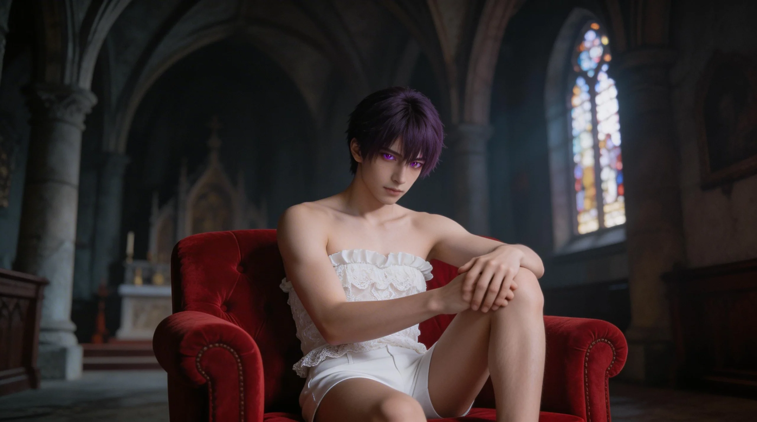 Androgynous Man with Purple Eyes in Gothic Church Interior