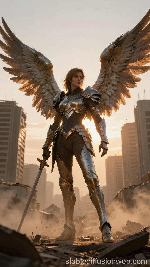 Angel Warrior Standing in Ruined Cityscape