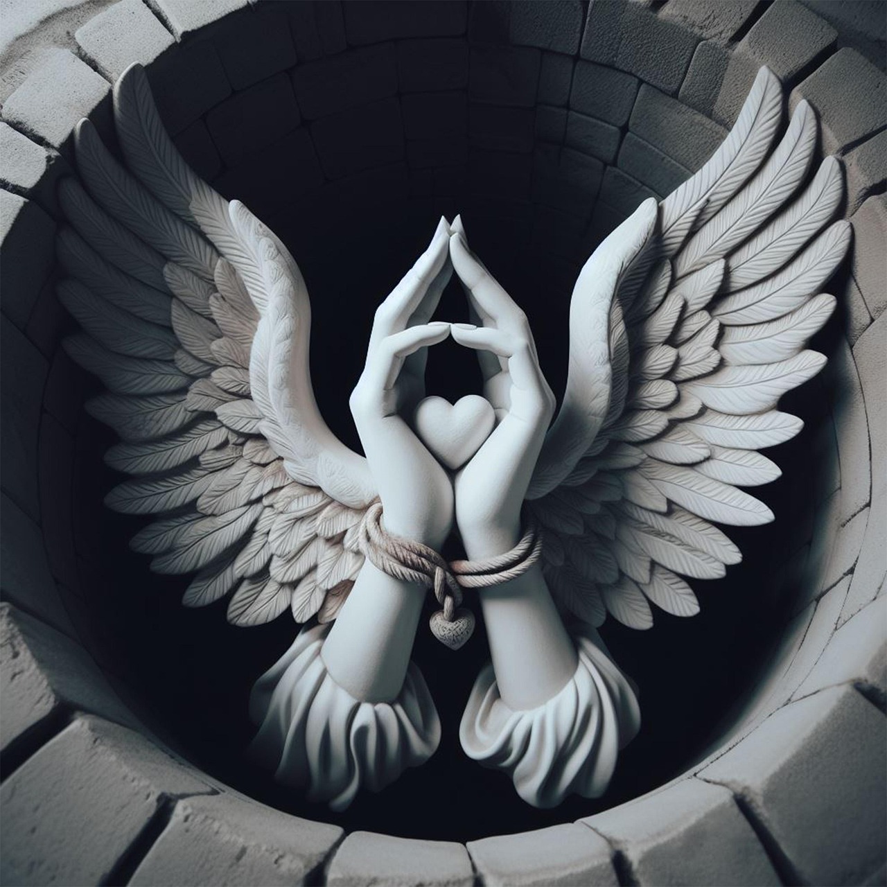 Angel Wings and Hands Forming Heart in Stone Well