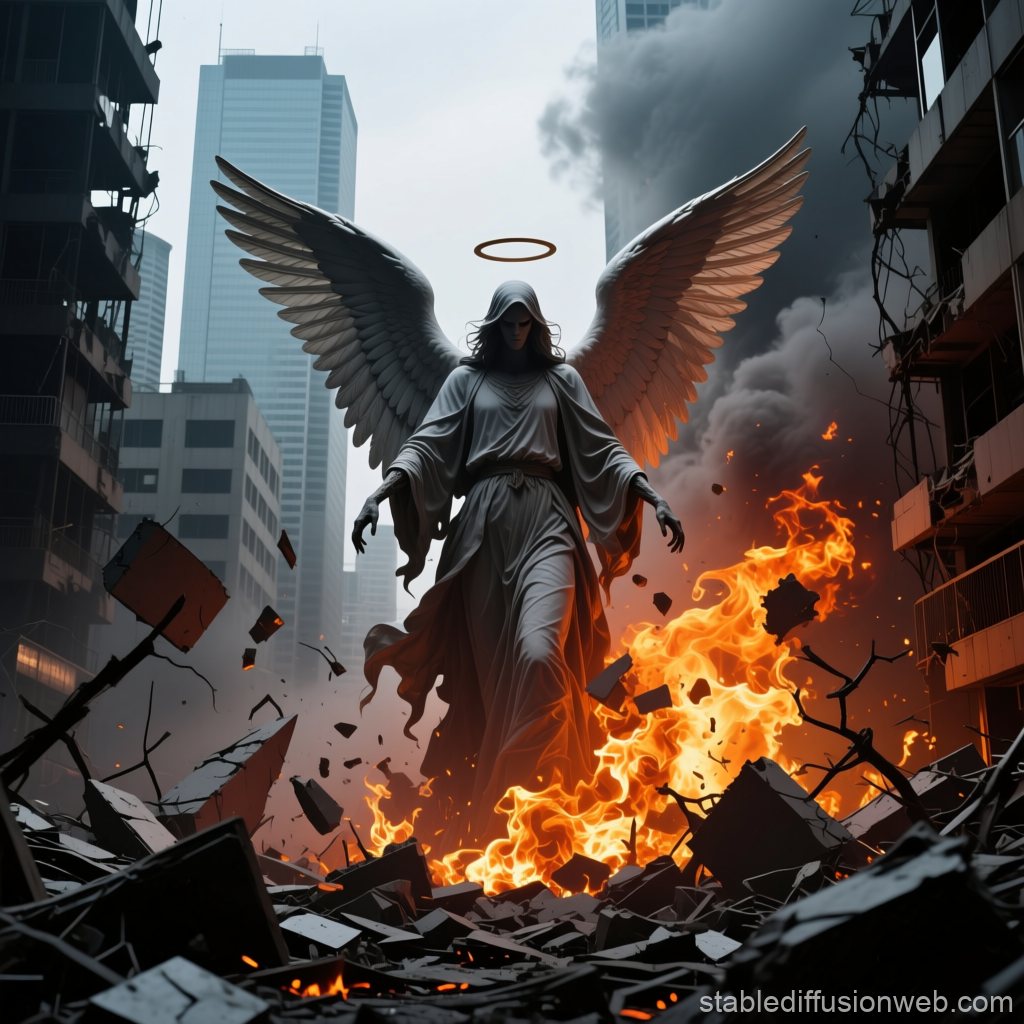 Angel with Halo Amid Urban Destruction and Fire