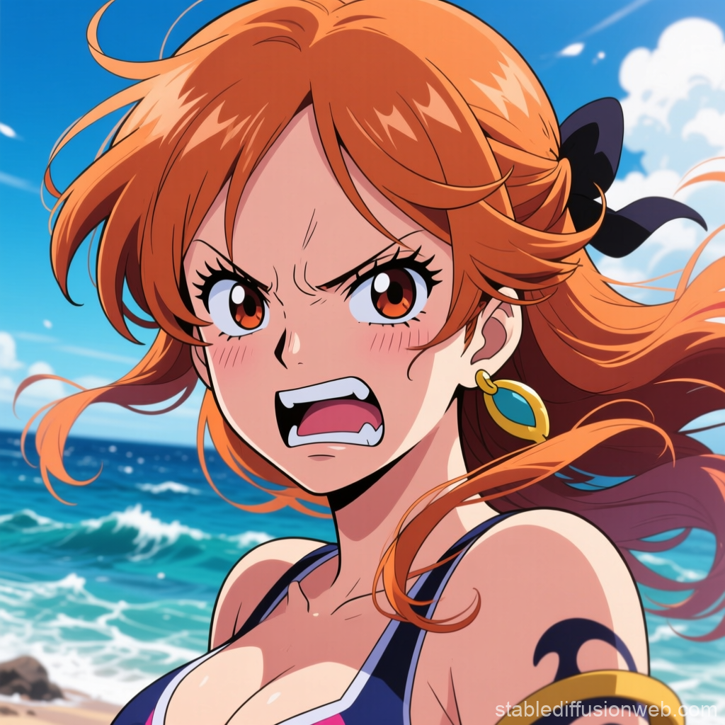 Angry Anime Girl with Red Hair by the Ocean