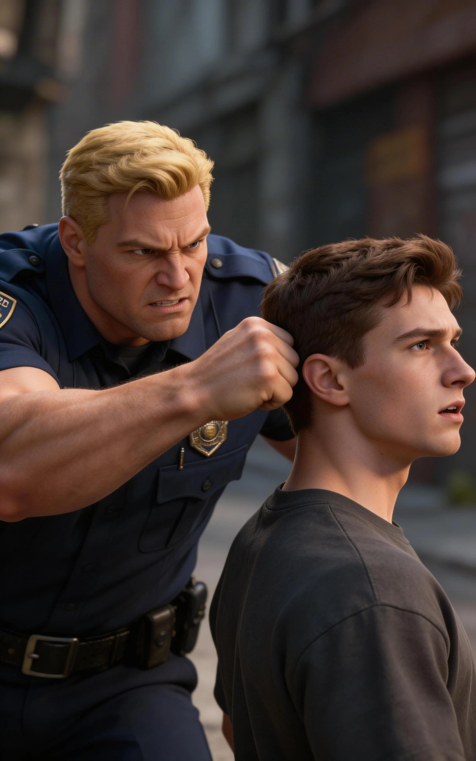 Angry Blonde Police Officer Punching Young Man