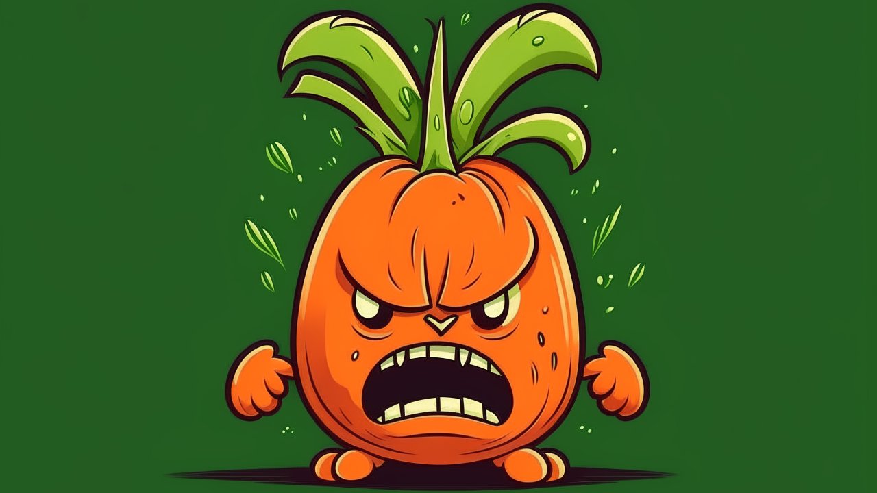 Angry Cartoon Carrot Character on Green Background