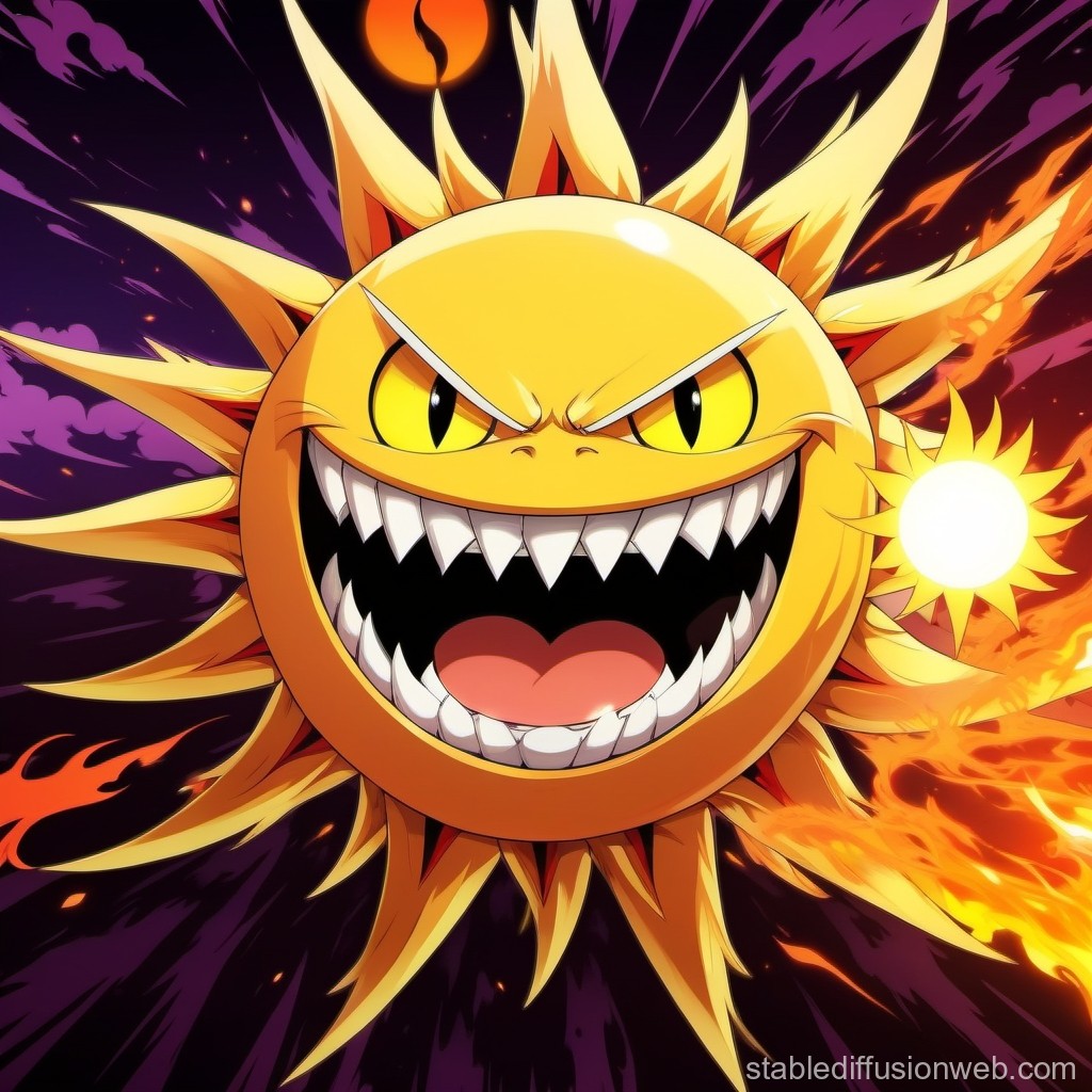 Angry Cartoon Sun with Sharp Teeth and Fiery Background