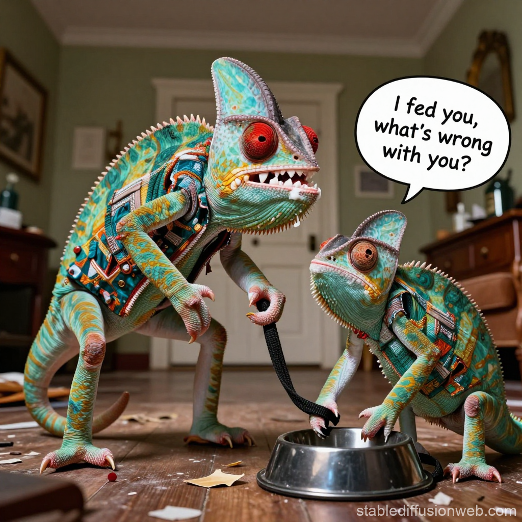 Angry Chameleon Confrontation in a Room