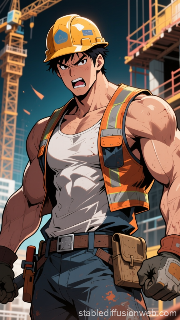 Angry Construction Worker in Anime Style