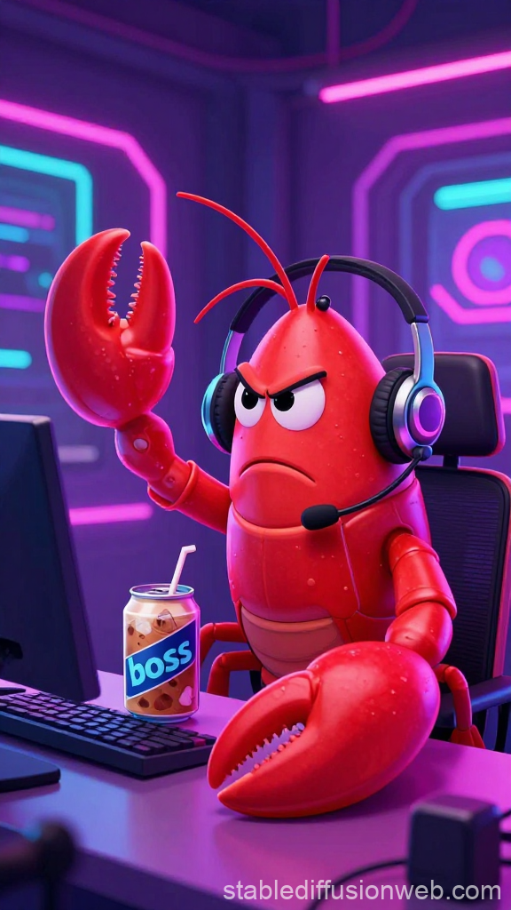 Angry Crayfish Agent Gaming with Headset in Neon Room