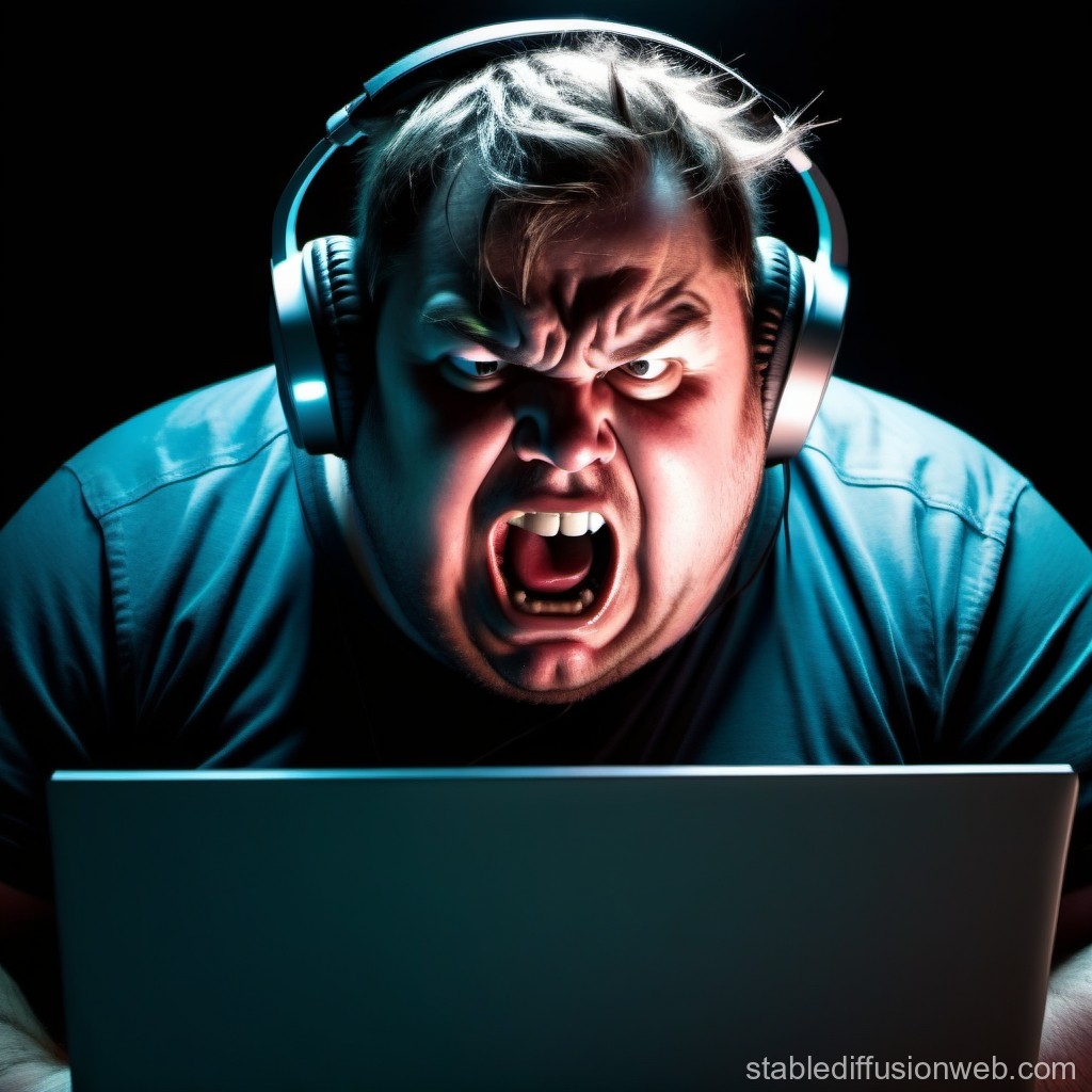 Angry Gamer Shouting at Laptop with Headphones