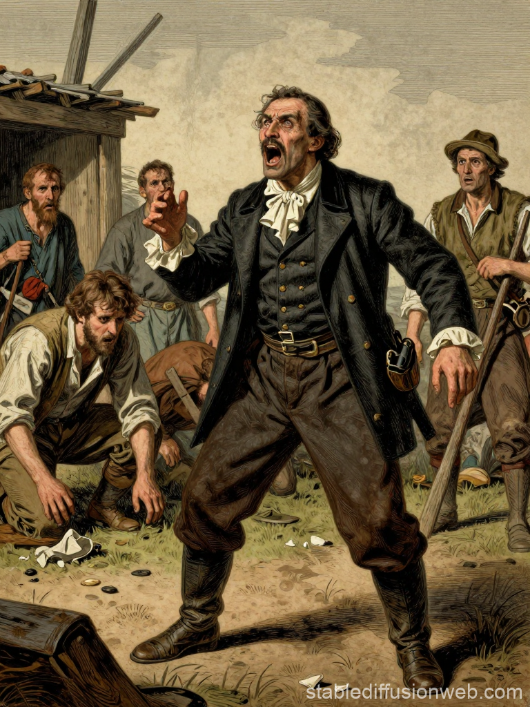 Angry Landowner Shouting at Workers in Historical Scene