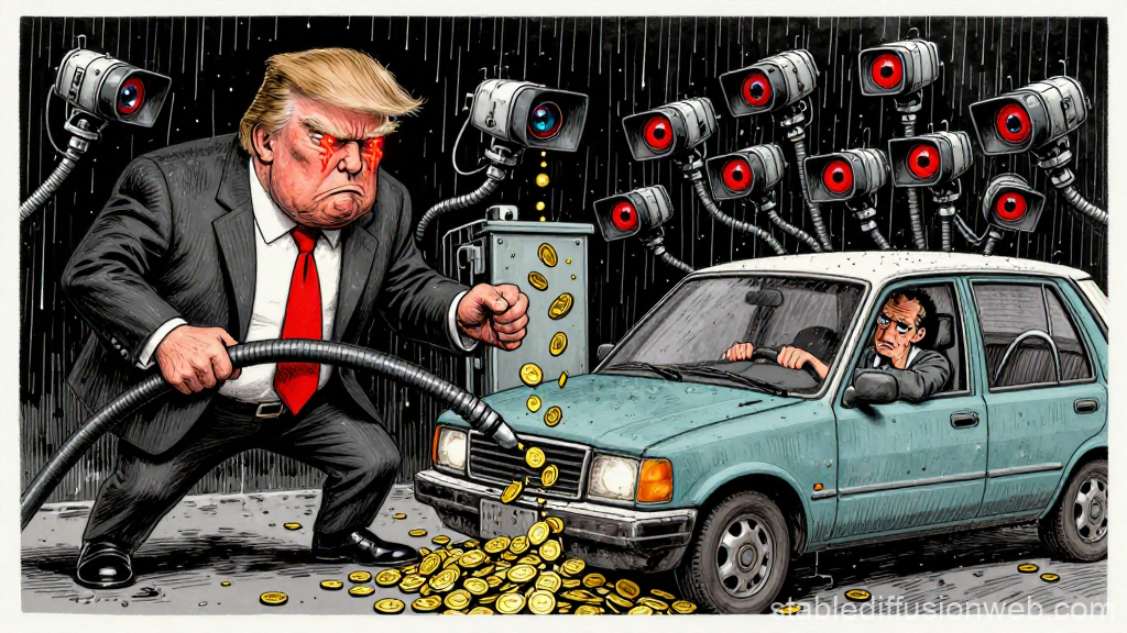 Angry Man Fueling Car with Coins Under Surveillance